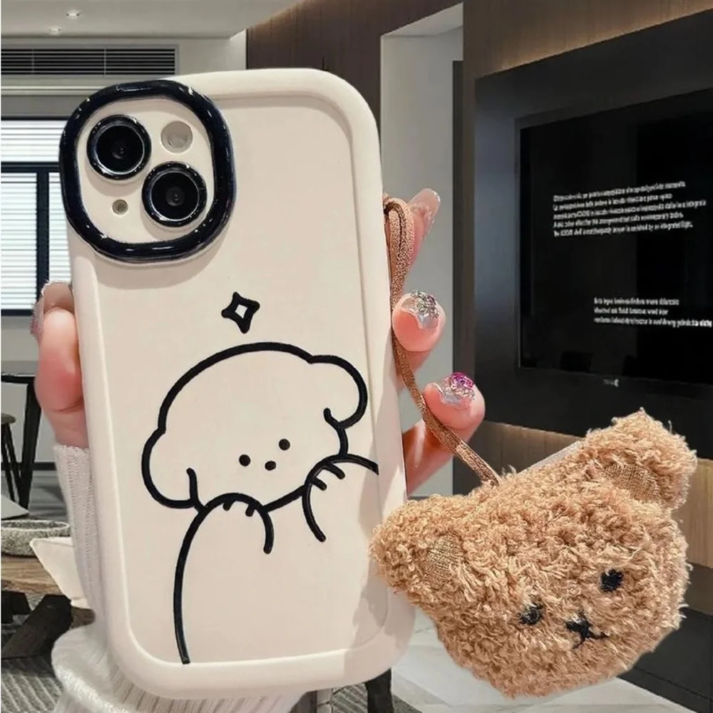 White Cute Cartoon Dog Phone Case with Bear Charm